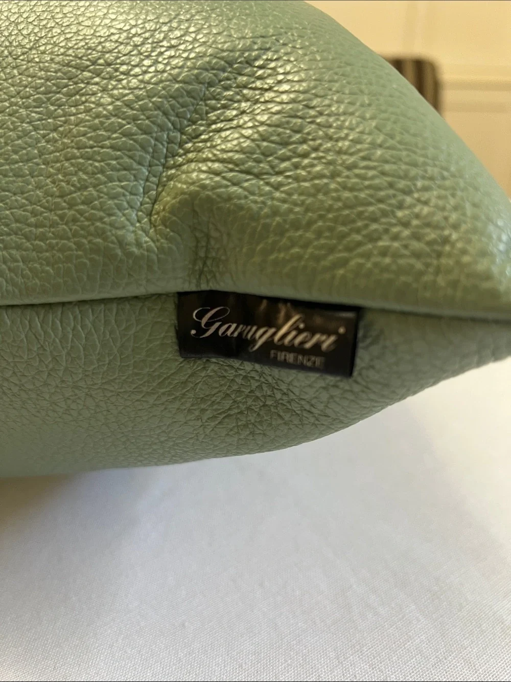 GARUGLIERI FIRENZE Green Italian Leather Throw Pillow 20x20 Duck Feather Fill